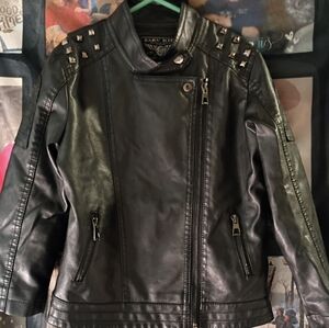 Zarv Kids Sz Sm. 5-6  Black Zip Up Faux Leather Moto Jacket W/ Studded Shoulders
